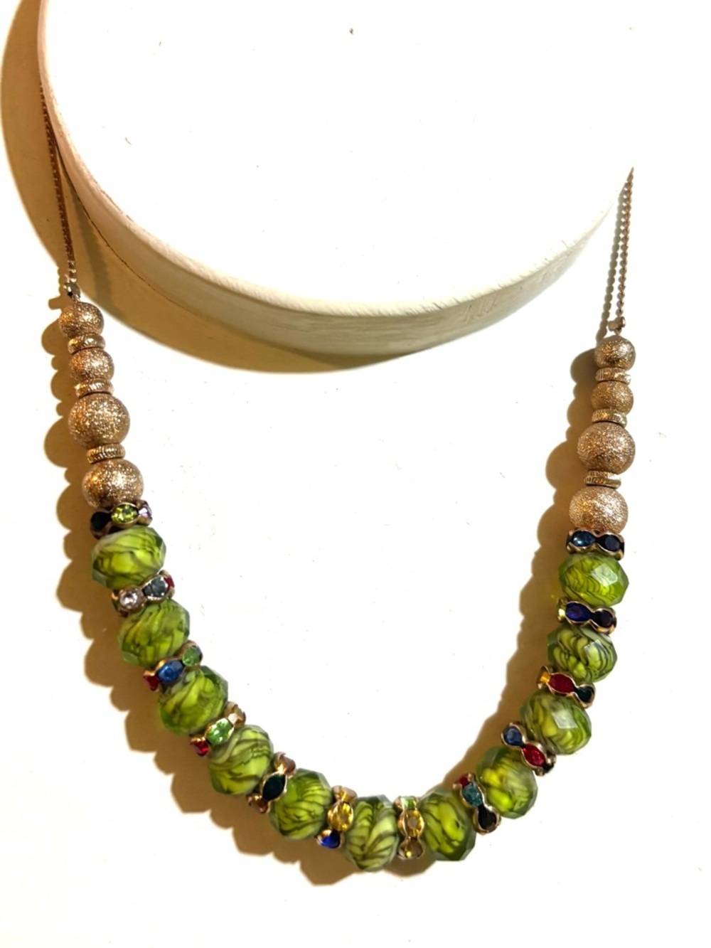 Green Beaded Necklace with Gold Accents - Women Jewelry